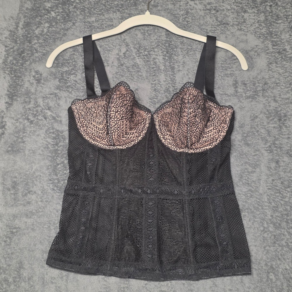 Victoria's Secret Black Lace Underwire Bustier Top 34C Pink Mesh Corset